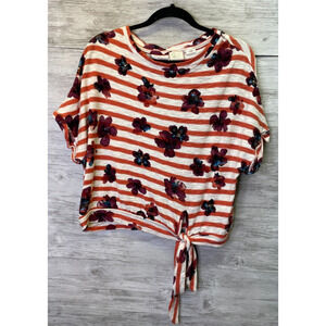 Anthropologie Postmark Top Size S Short Sleeve Floral Striped Cotton 9HI5 STCL